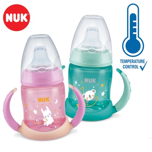 NUK PP First Choice+ Флуросцентно шише со рачки и силикон клунче 150ml "Glow in The Dark" (6+мес.)